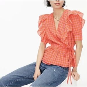 J. Crew Orange & Pink Gingham Short Sleeve Ruffle Wrap Blouse Size Extra Small
